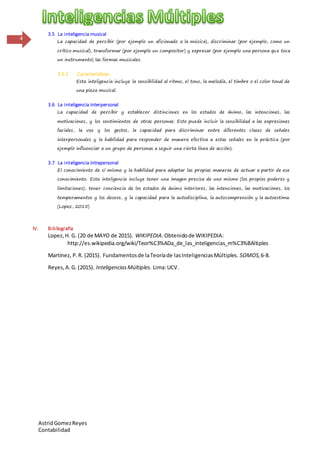 AstridGomezReyes
Contabilidad
4
3.5 La inteligencia musical
La capacidad de percibir (por ejemplo un aficionado a la música), discriminar (por ejemplo, como un
crítico musical), transformar (por ejemplo un compositor) y expresar (por ejemplo una persona que toca
un instrumento) las formas musicales.
3.5.1 Características
Esta inteligencia incluye la sensibilidad al ritmo, el tono, la melodía, el timbre o el color tonal de
una pieza musical.
3.6 La inteligencia interpersonal
La capacidad de percibir y establecer distinciones en los estados de ánimo, las intenciones, las
motivaciones, y los sentimientos de otras personas. Esto puede incluir la sensibilidad a las expresiones
faciales, la voz y los gestos, la capacidad para discriminar entre diferentes clases de señales
interpersonales y la habilidad para responder de manera efectiva a estas señales en la práctica (por
ejemplo influenciar a un grupo de personas a seguir una cierta línea de acción).
3.7 La inteligencia intrapersonal
El conocimiento de sí mismo y la habilidad para adaptar las propias maneras de actuar a partir de ese
conocimiento. Esta inteligencia incluye tener una imagen precisa de uno mismo (los propios poderes y
limitaciones), tener conciencia de los estados de ánimo interiores, las intenciones, las motivaciones, los
temperamentos y los deseos, y la capacidad para la autodisciplina, la autocomprensión y la autoestima.
(Lopez, 2015)
IV. Bibliografía
Lopez,H. G. (20 de MAYO de 2015). WIKIPEDIA.Obtenidode WIKIPEDIA:
http://es.wikipedia.org/wiki/Teor%C3%ADa_de_las_inteligencias_m%C3%BAltiples
Martínez, P.R. (2015). Fundamentosde laTeoríade lasInteligenciasMúltiples. SOMOS,6-8.
Reyes,A.G. (2015). InteligenciasMúltiples. Lima:UCV.
 