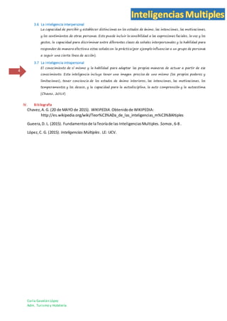 Carla Gavelán López
Adm. Turismo y Hotelería
4
3.6 La inteligencia interpersonal
La capacidad de percibir y establecer distinciones en los estados de ánimo, las intenciones, las motivaciones,
y los sentimientos de otras personas. Esto puede incluir la sensibilidad a las expresiones faciales, la voz y los
gestos, la capacidad para discriminar entre diferentes clases de señales interpersonales y la habilidad para
responder de manera efectivaa estas señales en la práctica(por ejemplo influenciar a un grupo de personas
a seguir una cierta línea de acción).
3.7 La inteligencia intrapersonal
El conocimiento de sí mismo y la habilidad para adaptar las propias maneras de actuar a partir de ese
conocimiento. Esta inteligencia incluye tener una imagen precisa de uno mismo (los propios poderes y
limitaciones), tener conciencia de los estados de ánimo interiores, las intenciones, las motivaciones, los
temperamentos y los deseos, y la capacidad para la autodisciplina, la auto comprensión y la autoestima.
(Chavez, 2015)
IV. Bibliografía
Chavez,A.G. (20 de MAYO de 2015). WIKIPEDIA.Obtenidode WIKIPEDIA:
http://es.wikipedia.org/wiki/Teor%C3%ADa_de_las_inteligencias_m%C3%BAltiples
Gueera,D. L. (2015). Fundamentosde laTeoríade las InteligenciasMultiples. Somos ,6-8 .
López,C. G. (2015). Inteligencias Múltiples. LE: UCV.
 