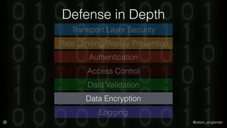 @adam_englander
Defense in Depth
Transport Layer Security
Rate Limiting/Replay Prevention
Authentication
Data Validation
D...
