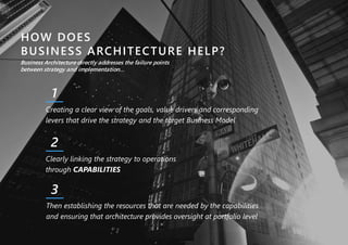 HOW DOES 
BUSINESS ARCHITECTURE HELP? 
1 
2 
Then establishing the resources that are needed by the capabilities 
and ensuring that architecture provides oversight at portfolio level 
B U S I N E S S A N A L Y S I S C O N F E R E N C E E U R O P E 2 0 1 4 | © E N T E R P R I S E A R C H I T E C T S | PAGE 11 
Business Architecture directly addresses the failure points 
between strategy and implementation… 
Creating a clear view of the goals, value drivers and corresponding 
levers that drive the strategy and the target Business Model 
Clearly linking the strategy to operations 
through CAPABILITIES 
3 
 