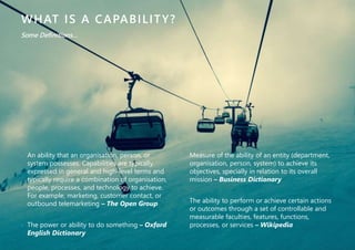 B U S I N E S S A N A L Y S I S C O N F E R E N C E E U R O P E 2 0 1 4 | © E N T E R P R I S E A R C H I T E C T S | PAGE 22 
WHAT IS A CAPABILITY? 
› An ability that an organisation, person, or 
system possesses. Capabilities are typically 
expressed in general and high-level terms and 
typically require a combination of organisation, 
people, processes, and technology to achieve. 
For example, marketing, customer contact, or 
outbound telemarketing – The Open Group 
› The power or ability to do something – Oxford 
English Dictionary 
› Measure of the ability of an entity (department, 
organisation, person, system) to achieve its 
objectives, specially in relation to its overall 
mission – Business Dictionary 
› The ability to perform or achieve certain actions 
or outcomes through a set of controllable and 
measurable faculties, features, functions, 
processes, or services – Wikipedia 
Some Definitions… 
 