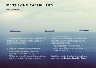IDENTIFYING CAPABILITIES 
B U S I N E S S A N A L Y S I S C O N F E R E N C E E U R O P E 2 0 1 4 | © E N T E R P R I S E A R C H I T E C T S | PAGE 23 
› All enterprises have ‘capabilities’: Capabilities are 
the things the enterprise must be able to DO in 
order to fulfil its mission 
› Capabilities will tend to persist over time 
» What changes is the way in which the 
capability is fulfilled (the ‘How’), who is 
fulfilling the capability, where it takes place and 
their importance to the business strategy 
› Capabilities are expressed as outcomes and 
should be agnostic of technology, product, 
organisational unit, etc. 
» Meaning the same capability could be 
performed in different ways depending on 
context, channel, etc. 
› Capabilities can be described in a simple one-page 
view… the Business Capability Model 
Some Guidelines… 
 