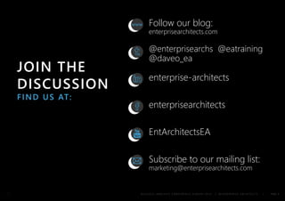 B U S I N E S S A N A L Y S I S C O N F E R E N C E E U R O P E 2 0 1 4 | © E N T E R P R I S E A R C H I T E C T S | PAGE 4 
JOIN THE 
DISCUSSION 
FIND US AT: 
Follow our blog: 
enterprisearchitects.com 
@enterprisearchs @eatraining 
@daveo_ea 
enterprise-architects 
enterprisearchitects 
EntArchitectsEA 
Subscribe to our mailing list: 
marketing@enterprisearchitects.com 
 
 