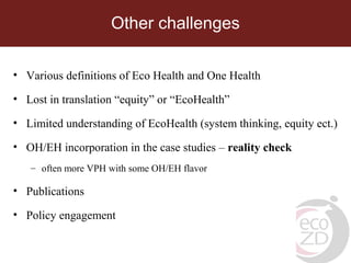 Other challenges
• Various definitions of Eco Health and One Health
• Lost in translation “equity” or “EcoHealth”
• Limited understanding of EcoHealth (system thinking, equity ect.)
• OH/EH incorporation in the case studies – reality check
– often more VPH with some OH/EH flavor
• Publications
• Policy engagement
 