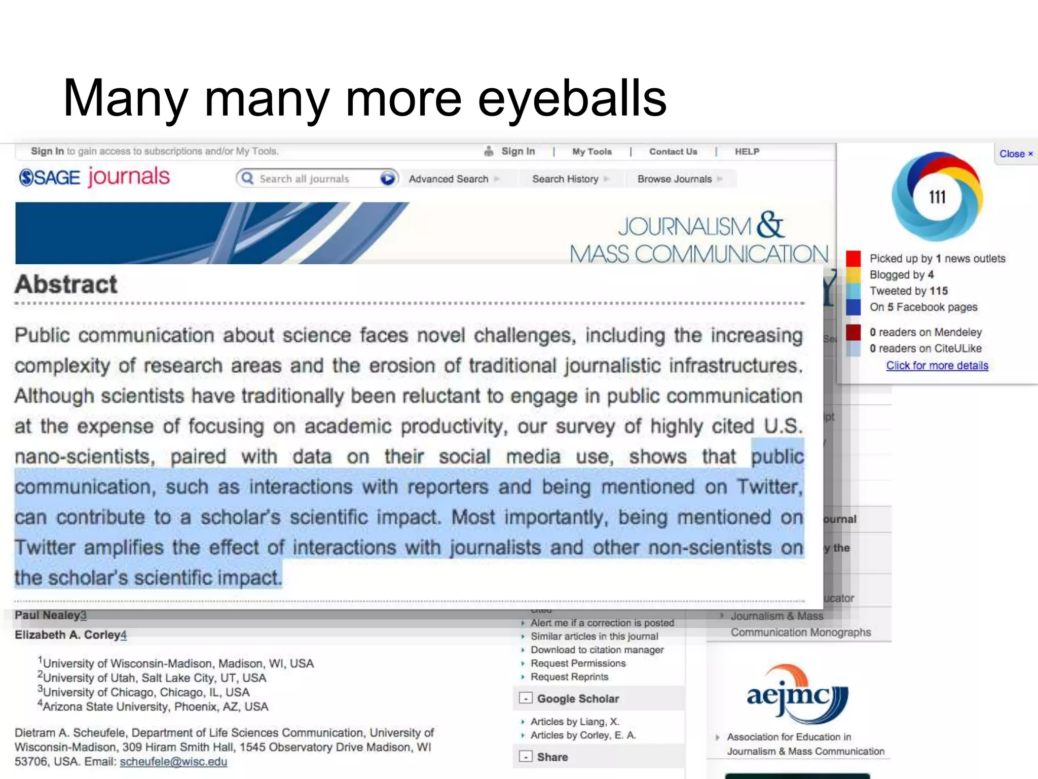 Many many more eyeballs
3,941,227
634,343
190,593 187,480
263,719
70,617 137,926 115,455 84,158
5,121
0
500,000
1,000,000
1,500,000
2,000,000
2,500,000
3,000,000
3,500,000
4,000,000
4,500,000
Article 1 Article 2 Article 3 Article 4 Article 5 Article 6 Article 7 Article 8 Article 9 Article 10
Twitter reach by article - Total upward bound: 5,630,639
Data from Article Details Pages
Even if 1% click on the
article, that’s 56,000 eyes
that never would have
seen it before Twitter.
 