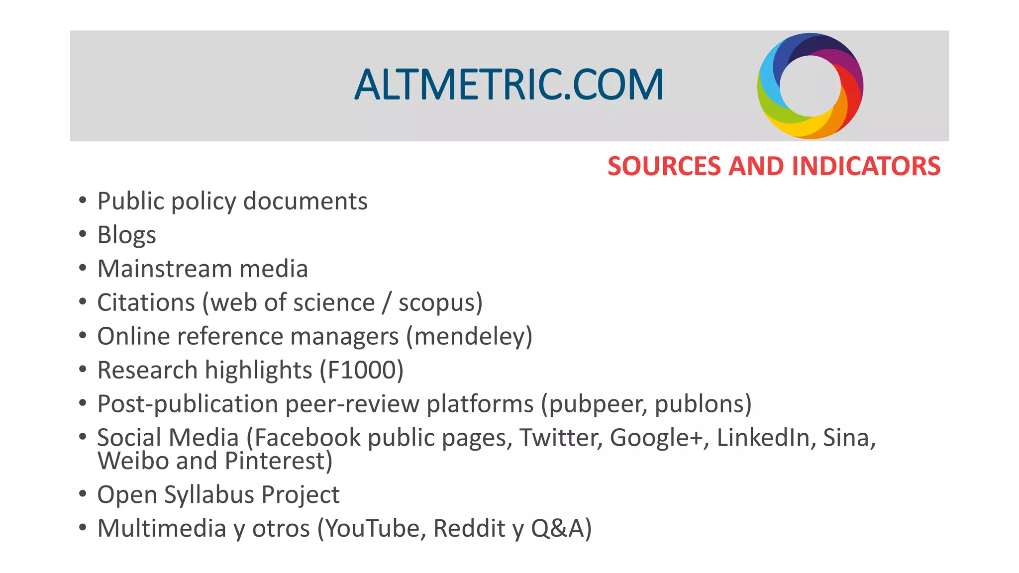 ALTMETRIC.COM
SOURCES AND INDICATORS
• Public policy documents
• Blogs
• Mainstream media
• Citations (web of science / scopus)
• Online reference managers (mendeley)
• Research highlights (F1000)
• Post-publication peer-review platforms (pubpeer, publons)
• Social Media (Facebook public pages, Twitter, Google+, LinkedIn, Sina,
Weibo and Pinterest)
• Open Syllabus Project
• Multimedia y otros (YouTube, Reddit y Q&A)
 