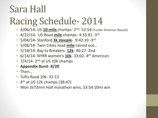 Sara Hall
Racing Schedule- 2014
• 4/06/14- US 10-mile champs- 2nd- 52:54 (*under American Record)
• 4/22/14- US Road mile champs- 4:33.81 -3rd
• 5/04/14- Stanford 3k steeple- 9:42.10 -3rd
• 5/08/14- Twin Cities road mile-rained out…
• 5/18/14- Bay to Breakers- 12k- 40:27 -2nd
• 6/14/14- NYRR women’s 10k- 33:02- 4th American
• 7/4/14- 2nd at US 10k champs
• Appendix Burst- 8/20
• Then…
• Tufts Road 10k- 32:13
• 4th at US 12k champs (38:47)
• Won 3x72min Half marathon wins, 53:54 10mi win
 