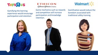Gamifying the learning
experience would encourage
participation and retention.
Game mechanics such as rewards
and competition will increase
participation and knowledge
retention.
Gamification would reduce the
boredom associated with
traditional safety training.
 