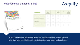 Requirements Gathering Stage
In the Gamification Workbook there are “selection tables” where you can
prioritize your gamification elements based on your goals and audience.
 
