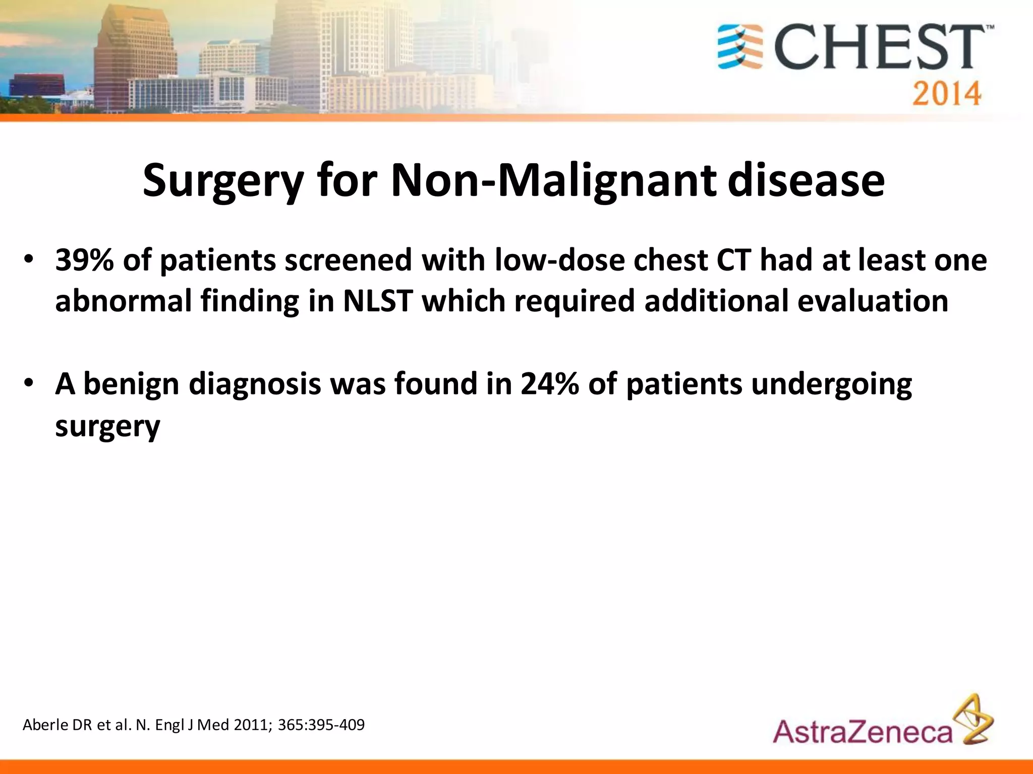 Surgery for Non-Malignant disease
• 39% of patients screened with low-dose chest CT had at least one
abnormal finding in NLST which required additional evaluation
• A benign diagnosis was found in 24% of patients undergoing
surgery
Aberle DR et al. N. Engl J Med 2011; 365:395-409
 