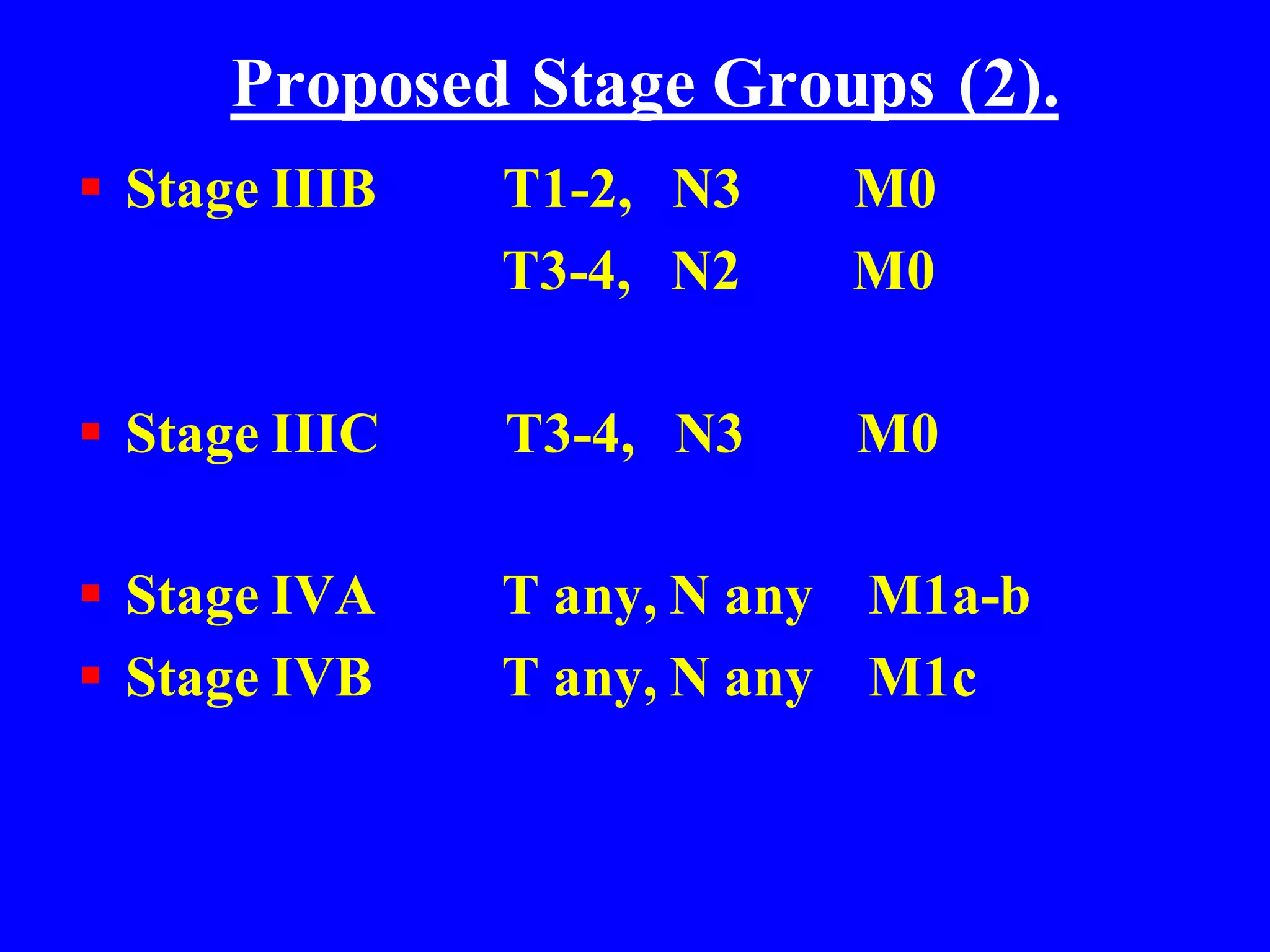 Proposed Stage Groups (2).
 Stage IIIB T1-2, N3 M0
T3-4, N2 M0
 Stage IIIC T3-4, N3 M0
 Stage IVA T any, N any M1a-b
 Stage IVB T any, N any M1c
 