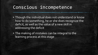 Conscious incompetence 
▪ Though the individual does not understand or know 
how to do something, he or she does recognize...