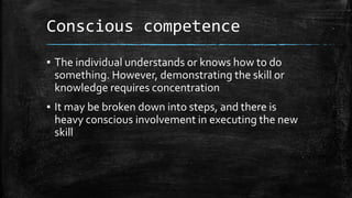 Conscious competence 
▪ The individual understands or knows how to do 
something. However, demonstrating the skill or 
kno...