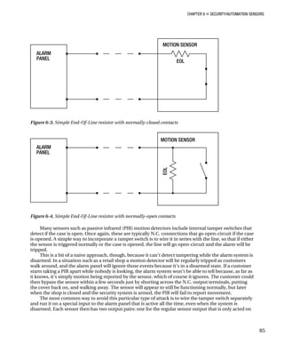 CHAPTER 6 „ SECURITY/AUTOMATION SENSORS
Figure 6-3. Simple End-Of-Line resistor with normally-closed contacts
Figure 6-4. Simple End-Of-Line resistor with normally-open contacts
Many sensors such as passive infrared (PIR) motion detectors include internal tamper switches that
detect if the case is open. Once again, these are typically N.C. connections that go open-circuit if the case
is opened. A simple way to incorporate a tamper switch is to wire it in series with the line, so that if either
the sensor is triggered normally or the case is opened, the line will go open-circuit and the alarm will be
tripped.
This is a bit of a naive approach, though, because it can’t detect tampering while the alarm system is
disarmed. In a situation such as a retail shop a motion detector will be regularly tripped as customers
walk around, and the alarm panel will ignore those events because it’s in a disarmed state. If a customer
starts taking a PIR apart while nobody is looking, the alarm system won’t be able to tell because, as far as
it knows, it’s simply motion being reported by the sensor, which of course it ignores. The customer could
then bypass the sensor within a few seconds just by shorting across the N.C. output terminals, putting
the cover back on, and walking away. The sensor will appear to still be functioning normally, but later
when the shop is closed and the security system is armed, the PIR will fail to report movement.
The most common way to avoid this particular type of attack is to wire the tamper switch separately
and run it on a special input to the alarm panel that is active all the time, even when the system is
disarmed. Each sensor then has two output pairs: one for the regular sensor output that is only acted on
85
 