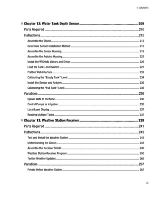 „ CONTENTS
„ Chapter 12: Water Tank Depth Sensor................................................................209
Parts Required...............................................................................................................210
Instructions....................................................................................................................212
Assemble the Shield............................................................................................................................. 213
Determine Sensor Installation Method ................................................................................................. 215
Assemble the Sensor Housing.............................................................................................................. 219
Assemble the Arduino Housing............................................................................................................. 223
Install the WiShield Library and Driver ................................................................................................. 226
Load the Tank-Level Sketch................................................................................................................. 227
Prettier Web Interface .......................................................................................................................... 231
Calibrating the “Empty Tank” Level ..................................................................................................... 234
Install the Sensor and Arduino ............................................................................................................. 235
Calibrating the “Full Tank” Level.......................................................................................................... 236
Variations.......................................................................................................................236
Upload Data to Pachube ....................................................................................................................... 236
Control Pumps or Irrigation .................................................................................................................. 236
Local Level Display............................................................................................................................... 237
Reading Multiple Tanks........................................................................................................................ 237
„ Chapter 13: Weather Station Receiver................................................................239
Parts Required...............................................................................................................241
Instructions....................................................................................................................243
Test and Install the Weather Station .................................................................................................... 243
Understanding the Circuit..................................................................................................................... 243
Assemble the Receiver Shield.............................................................................................................. 246
Weather Station Receiver Program ...................................................................................................... 250
Twitter Weather Updates...................................................................................................................... 265
Variations.......................................................................................................................267
Private Online Weather Station............................................................................................................. 267
xi
 