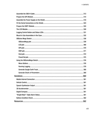 „ CONTENTS
Assemble the OBD-II Cable................................................................................................................... 313
Prepare the GPS Module....................................................................................................................... 314
Assemble the Power Supply on the Shield........................................................................................... 319
Fit the Serial Connections on the Shield............................................................................................... 323
Prepare the VDIP1 Module.................................................................................................................... 324
The LCD Module.................................................................................................................................... 328
Logging Control Button and Status LEDs.............................................................................................. 331
Mount in Sub-Assemblies in the Case.................................................................................................. 332
OBDuino Mega Sketch.......................................................................................................................... 338
OBDuinoMega.pde........................................................................................................................... 339
LCD.pde ........................................................................................................................................... 366
GPS.pde........................................................................................................................................... 370
VDIP.pde .......................................................................................................................................... 371
Host.pde .......................................................................................................................................... 372
PowerFail.pde.................................................................................................................................. 375
Using the OBDuinoMega Sketch........................................................................................................... 376
Menu Buttons .................................................................................................................................. 376
Running Logging.............................................................................................................................. 378
Generate Google Earth Track........................................................................................................... 380
Generate Charts of Parameters ....................................................................................................... 380
Variations.......................................................................................................................380
Mobile Internet Connection .................................................................................................................. 381
Vehicle Control...................................................................................................................................... 381
Speech Synthesizer Output .................................................................................................................. 381
3D Accelerometer................................................................................................................................. 381
Digital Compass.................................................................................................................................... 381
“Knight Rider”–Style Alarm Status....................................................................................................... 381
Battery Condition Check....................................................................................................................... 382
Resources......................................................................................................................382
xiii
 