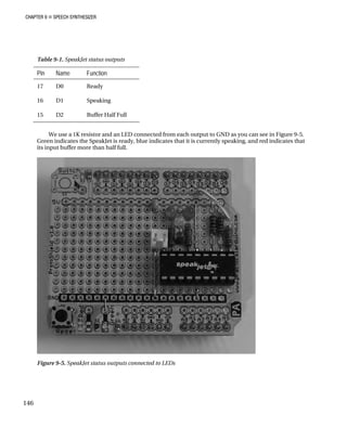 CHAPTER 9 „ SPEECH SYNTHESIZER
Table 9-1. Sp atus outputs
Pin Name
eakJet st
Function
Read
17 D0 y
16 D1 Speaking
15 D2 Buffer Half Full
We use a 1K resistor and an LED connected from each output to GND as you can see in Figure 9-5.
Green indicates the SpeakJet is ready, blue indicates that it is currently speaking, and red indicates that
its input buffer more than half full.
Figure 9-5. SpeakJet status outputs connected to LEDs
146
 
