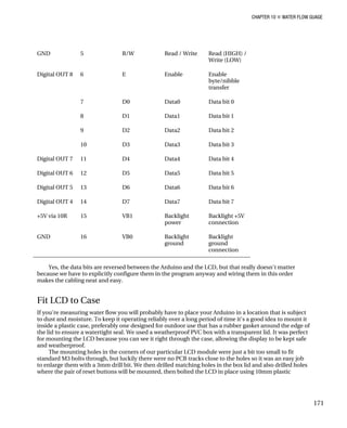 CHAPTER 10 „ WATER FLOW GUAGE
GND 5 R/W Read / Write Read (HIGH) /
Write (LOW)
Digital OUT 8 6 E Enable Enable
byte/nibble
transfer
7 D0 Data0 Data bit 0
8 D1 Data1 Data bit 1
9 D2 Data2 Data bit 2
10 D3 Data3 Data bit 3
Digital OUT 7 11 D4 Data4 Data bit 4
Digital OUT 6 12 D5 Data5 Data bit 5
Digital OUT 5 13 D6 Data6 Data bit 6
Digital OUT 4 14 D7 Data7 Data bit 7
+5V via 10R 15 VB1 Backlight
power
Backlight +5V
connection
GND 16 VB0 Backlight
ground
Backlight
ground
connection
Yes, the data bits are reversed between the Arduino and the LCD, but that really doesn't matter
because we have to explicitly configure them in the program anyway and wiring them in this order
makes the cabling neat and easy.
Fit LCD to Case
If you're measuring water flow you will probably have to place your Arduino in a location that is subject
to dust and moisture. To keep it operating reliably over a long period of time it's a good idea to mount it
inside a plastic case, preferably one designed for outdoor use that has a rubber gasket around the edge of
the lid to ensure a watertight seal. We used a weatherproof PVC box with a transparent lid. It was perfect
for mounting the LCD because you can see it right through the case, allowing the display to be kept safe
and weatherproof.
The mounting holes in the corners of our particular LCD module were just a bit too small to fit
standard M3 bolts through, but luckily there were no PCB tracks close to the holes so it was an easy job
to enlarge them with a 3mm drill bit. We then drilled matching holes in the box lid and also drilled holes
where the pair of reset buttons will be mounted, then bolted the LCD in place using 10mm plastic
171
 