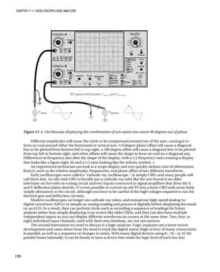 CHAPTER 11 „ OSCILLOSCOPE/LOGIC ANALYZER
Figure 11-1. Oscilloscope displaying the combination of two equal sine waves 90 degrees out of phase
Different amplitudes will cause the circle to be compressed around one of the axes, causing it to
form an oval around either the horizontal or vertical axis. A 0 degree phase offset will cause a diagonal
line to be plotted from bottom left to top right, a 180 degree offset will cause a diagonal line to be plotted
from top left to bottom right, and other offsets will cause the shape to form an oval on a diagonal axis.
Differences in frequency also alter the shape of the display, with a 1:2 frequency ratio creating a display
that looks like a figure eight (8) and a 2:1 ratio looking like the infinity symbol, ∞
An experienced technician can look at a scope display and very quickly deduce a lot of information
from it, such as the relative amplitudes, frequencies, and phase offset of two different waveforms.
Early oscilloscopes were called a "cathode-ray oscilloscope," or simply CRO, and many people still
call them that. An old-style CRO is literally just a cathode-ray tube like the one found in an older
television set but with no tuning circuit and two inputs connected to signal amplifiers that drive the X
and Y deflection plates directly. It's even possible to convert an old TV into a basic CRO with some fairly
simple alterations to the circuit, although you have to be careful of the high voltages required to run the
electron gun and deflection circuitry.
Modern oscilloscopes no longer use cathode-ray tubes, and instead use high-speed analog-to-
digital converters (ADCs) to sample an analog reading and process it digitally before displaying the result
on an LCD. As a result, they can perform tricks such as recording a sequence of readings for future
analysis rather than simply displaying it on-screen like older CROs, and they can also have multiple
independent inputs so you can display different waveforms on-screen at the same time. Two, four, or
eight individual input channels, each with their own timebase, are not uncommon.
The second instrument we need to discuss is a logic analyzer. Logic analyzers are a more recent
development and came about from the need to track the digital status (high or low) of many connections
in parallel, as well as a sequence of changes in series. With many digital devices using 8-, 16-, or 32-bit
parallel buses internally, it can be handy to have a device that reads the logic level of each bus line
186
 