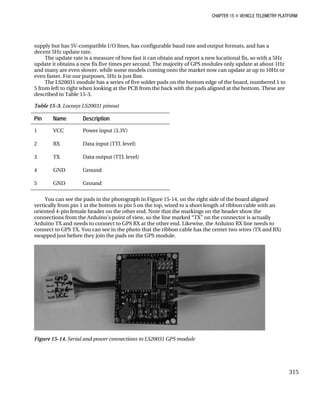 CHAPTER 15 „ VEHICLE TELEMETRY PLATFORM
supply but has 5V-compatible I/O lines, has configurable baud rate and output formats, and has a
decent 5Hz update rate.
The update rate is a measure of how fast it can obtain and report a new locational fix, so with a 5Hz
update it obtains a new fix five times per second. The majority of GPS modules only update at about 1Hz
and many are even slower, while some models coming onto the market now can update at up to 10Hz or
even faster. For our purposes, 5Hz is just fine.
The LS20031 module has a series of five solder pads on the bottom edge of the board, numbered 1 to
5 from left to right when looking at the PCB from the back with the pads aligned at the bottom. These are
described in Table 15-3.
Table 15-3. Locosys LS20031 pinout
Pin Name Description
1 VCC Power input (3.3V)
2 RX Data input (TTL level)
3 TX Data output (TTL level)
4 GND Ground
5 GND Ground
You can see the pads in the photograph in Figure 15-14, on the right side of the board aligned
vertically from pin 1 at the bottom to pin 5 on the top, wired to a short length of ribbon cable with an
oriented 4-pin female header on the other end. Note that the markings on the header show the
connections from the Arduino’s point of view, so the line marked “TX” on the connector is actually
Arduino TX and needs to connect to GPS RX at the other end. Likewise, the Arduino RX line needs to
connect to GPS TX. You can see in the photo that the ribbon cable has the center two wires (TX and RX)
swapped just before they join the pads on the GPS module.
Figure 15-14. Serial and power connections to LS20031 GPS module
315
 