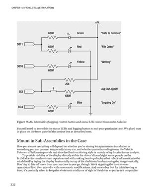 CHAPTER 15 „ VEHICLE TELEMETRY PLATFORM
Figure 15-23. Schematic of logging control button and status LED connections to the Arduino
You will need to assemble the status LEDs and logging button to suit your particular case. We glued ours
in place on the front panel of the project box as described next.
Mount in Sub-Assemblies in the Case
How you mount everything will depend on whether you’re aiming for a permanent installation or
something you can connect temporarily in any car, and whether you’re intending to use the Vehicle
Telemetry Platform to provide real-time feedback on driving style or mainly to log data for future analysis.
To provide visibility of the display directly within the driver’s line of sight, some people on the
EcoModder forums have even experimented with making head-up displays that reflect information in the
windshield by laying the display horizontally on top of the dashboard and mirroring the image vertically.
Don’t try to bite off more than you can chew in one go, though. Work at getting the basic system
operational first, then extend it with more exotic modifications. And remember that for initial testing at
least, it’s probably safest to keep the whole unit totally out of sight of the driver so you’re not tempted to
332
 