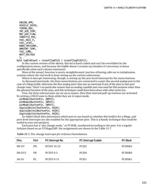 CHAPTER 15 „ VEHICLE TELEMETRY PLATFORM
ENGINE_RPM,
VEHICLE_SPEED,
TIMING_ADV,
INT_AIR_TEMP,
MAF_AIR_FLOW,
THROTTLE_POS,
FUEL_RAIL_P,
FUEL_LEVEL,
BARO_PRESSURE,
AMBIENT_TEMP,
FUEL_CONS,
BATT_VOLTAGE
};
byte logPidCount = sizeof(logPid) / sizeof(logPid[0]);
In the current version of the sketch, this list is hard-coded and can’t be overridden by the
configuration menu, and because the logfile doesn’t contain any headers it’s necessary to know
specifically what each column represents.
Most of the setup() function is pretty straightforward, just lots of boring calls out to initialization
routines where the real work is done setting up the various subsystems.
Where it does get interesting, though, is setting up the port-level interrupt for the menu buttons.
As discussed previously, the three menu buttons are connected to a port (the second analog port in the
case of a Mega build, otherwise the first analog port) that sets an interrupt if any of the pins in that port
change state. There’s no particular reason that an analog-capable port was used for this purpose other than
the physical location of the pins, and this technique could have been done with other ports too.
First, the three relevant pins are set up as inputs, then their internal pull-up resistors are activated
by writing a HIGH state to them while they are in input mode.
pinMode(lbuttonPin, INPUT);
pinMode(mbuttonPin, INPUT);
pinMode(rbuttonPin, INPUT);
digitalWrite(lbuttonPin, HIGH);
digitalWrite(mbuttonPin, HIGH);
digitalWrite(rbuttonPin, HIGH);
An #ifdef check then determines which port to use based on whether this build is for a Mega, and
port-level interrupts are also enabled for the appropriate pins. This is a handy technique that could be
useful in your own projects.
Each port has a “pin change mask,” or PCMSK, numbered according to the port. For a regular
Arduino based on an ATMega328P, the assignments are shown in the Table 15-7.
Table 15-7. Pin-change interrupts for Arduino Duemilanove
Pins Port PC Interrupt No. PC Interrupt Enable PC Mask
D0-D7 PD PCINT 16-23 PCIE2 PCMSK2
D8-D13 PB PCINT 0-5 PCIE0 PCMSK0
A0-A5 PC PCINT 8-13 PCIE1 PCMSK1
345
 