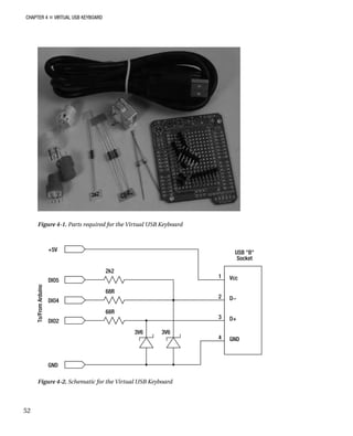 CHAPTER 4 „ VIRTUAL USB KEYBOARD
Figure 4-1. Parts required for the Virtual USB Keyboard
Figure 4-2. Schematic for the Virtual USB Keyboard
52
 