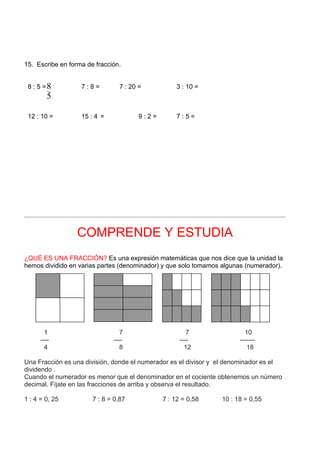 15. Escribe en forma de fracción.


 8 : 5 =8          7:8=         7 : 20 =           3 : 10 =
        5

 12 : 10 =         15 : 4 =            9:2=        7:5=




                  COMPRENDE Y ESTUDIA
¿QUÉ ES UNA FRACCIÓN? Es una expresión matemáticas que nos dice que la unidad la
hemos dividido en varias partes (denominador) y que solo tomamos algunas (numerador).




        1                        7                     7                 10
      ----                    ----                  ----               -------
        4                        8                    12                  18

Una Fracción es una división, donde el numerador es el divisor y el denominador es el
dividendo .
Cuando el numerador es menor que el denominador en el cociente obtenemos un número
decimal. Fíjate en las fracciones de arriba y observa el resultado.

1 : 4 = 0, 25          7 : 8 = 0,87           7 : 12 = 0,58      10 : 18 = 0,55
 