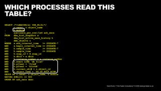 David Kurtz, /*+Go-Faster Consultancy*/ © 2024 www.go-faster.co.uk
WHICH PROCESSES READ THIS
TABLE?
SELECT /*+LEADING(x) USE_NL(h)*/
o.owner, o.object_name
, h.module
, sum(usecs_per_row)/1e6 ash_secs
FROM dba_hist_snapshot x
, dba_hist_active_sess_history h
, dmk_objects o
WHERE x.end_interval_time >= SYSDATE-7
AND x.begin_interval_time <= SYSDATE
AND h.sample_time >= SYSDATE-7
AND h.sample_time <= SYSDATE
AND h.snap_id = X.snap_id
AND h.dbid = x.dbid
AND h.instance_number = x.instance_number
AND h.event LIKE 'db file%'
AND h.p1text = 'file#'
AND h.p2text = 'block#'
AND h.current_obj# = o.object_id
AND o.object_name = 'PS_GP_RSLT_ACUM'
GROUP BY o.owner, o.object_name, h.module
HAVING SUM(10) >= 900
ORDER BY ash_secs desc
 
