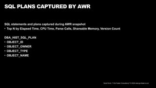 David Kurtz, /*+Go-Faster Consultancy*/ © 2024 www.go-faster.co.uk
SQL PLANS CAPTURED BY AWR
SQL statements and plans captured during AWR snapshot
• Top N by Elapsed Time, CPU Time, Parse Calls, Shareable Memory, Version Count
DBA_HIST_SQL_PLAN
• OBJECT_ID
• OBJECT_OWNER
• OBJECT_TYPE
• OBJECT_NAME
 