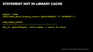David Kurtz, /*+Go-Faster Consultancy*/ © 2024 www.go-faster.co.uk
STATEMENT NOT IN LIBRARY CACHE
SELECT * FROM
table(dbms_xplan.display_cursor('gpdwr389mg61h',0,'ADVANCED'));
PLAN_TABLE_OUTPUT
-----------------------------------------------
SQL_ID: gpdwr389mg61h, child number: 0 cannot be found
 