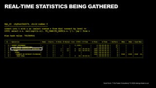 David Kurtz, /*+Go-Faster Consultancy*/ © 2024 www.go-faster.co.uk
REAL-TIME STATISTICS BEING GATHERED
SQL_ID c4y8uxt5drk74, child number 0
-------------------------------------
insert into t with n as (select rownum n from dual connect by level <=
1000) select n.n, ceil(sqrt(n.n)), TO_CHAR(TO_DATE(n.n,'j'),'jsp') from n
Plan hash value: 761049541
--------------------------------------------------------------------------------------------------------------------------------------------------------------
| Id | Operation | Name | Starts | E-Rows |E-Bytes| Cost (%CPU)| E-Time | A-Rows | A-Time | Buffers | OMem | 1Mem | Used-Mem |
--------------------------------------------------------------------------------------------------------------------------------------------------------------
| 0 | INSERT STATEMENT | | 1 | | | 2 (100)| | 0 |00:00:00.01 | 57 | | | |
| 1 | LOAD TABLE CONVENTIONAL | T | 1 | | | | | 0 |00:00:00.01 | 57 | | | |
| 2 | OPTIMIZER STATISTICS GATHERING | | 1 | 1 | 13 | 2 (0)| 00:00:01 | 1000 |00:00:00.01 | 0 | | | |
| 3 | VIEW | | 1 | 1 | 13 | 2 (0)| 00:00:01 | 1000 |00:00:00.01 | 0 | | | |
| 4 | COUNT | | 1 | | | | | 1000 |00:00:00.01 | 0 | | | |
| 5 | CONNECT BY WITHOUT FILTERING| | 1 | | | | | 1000 |00:00:00.01 | 0 | 2048 | 2048 | 2048 (0)|
| 6 | FAST DUAL | | 1 | 1 | | 2 (0)| 00:00:01 | 1 |00:00:00.01 | 0 | | | |
--------------------------------------------------------------------------------------------------------------------------------------------------------------
 