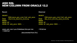 David Kurtz, /*+Go-Faster Consultancy*/ © 2024 www.go-faster.co.uk
Recent
SELECT …
, SUM(usecs_per_row)/1e6 ash_secs
FROM v$active_session_history
WHERE …
GROUP BY …
ORDER BY ash_secs DESC, …
usecs_per_row = µs of database time per row
~1.02s/row
(documented from 21c)
ASH SQL
NEW COLUMN FROM ORACLE 12.2
Historical
SELECT …
, SUM(usecs_per_row)/1e6 ash_secs
FROM dba_hist_active_sess_history
WHERE …
GROUP BY …
ORDER BY ash_secs DESC, …
~10.2s/row
 