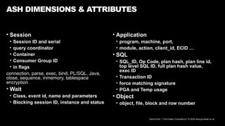 David Kurtz, /*+Go-Faster Consultancy*/ © 2024 www.go-faster.co.uk
• Session
• Session ID and serial
• query coordinator
• Container
• Consumer Group ID
• in flags
connection, parse, exec, bind, PL/SQL, Java,
close, sequence, inmemory, tablespace
encryption
• Wait
• Class, event id, name and parameters
• Blocking session ID, instance and status
ASH DIMENSIONS & ATTRIBUTES
• Application
• program, machine, port,
• module, action, client_id, ECID …
• SQL
• SQL_ID, Op Code, plan hash, plan line id,
top level SQL ID, full plan hash value,
exec ID
• Transaction ID
• force matching signature
• PGA and Temp usage
• Object
• object, file, block and row number
 
