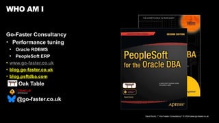David Kurtz, /*+Go-Faster Consultancy*/ © 2024 www.go-faster.co.uk
WHO AM I
Go-Faster Consultancy
• Performance tuning
• Oracle RDBMS
• PeopleSoft ERP
• www.go-faster.co.uk
• blog.go-faster.co.uk
• blog.psftdba.com
Oak Table
@go-faster.co.uk
 