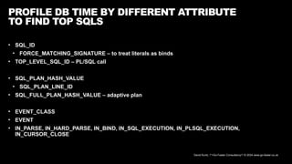 David Kurtz, /*+Go-Faster Consultancy*/ © 2024 www.go-faster.co.uk
PROFILE DB TIME BY DIFFERENT ATTRIBUTE
TO FIND TOP SQLS
• SQL_ID
• FORCE_MATCHING_SIGNATURE – to treat literals as binds
• TOP_LEVEL_SQL_ID – PL/SQL call
• SQL_PLAN_HASH_VALUE
• SQL_PLAN_LINE_ID
• SQL_FULL_PLAN_HASH_VALUE – adaptive plan
• EVENT_CLASS
• EVENT
• IN_PARSE, IN_HARD_PARSE, IN_BIND, IN_SQL_EXECUTION, IN_PLSQL_EXECUTION,
IN_CURSOR_CLOSE
 