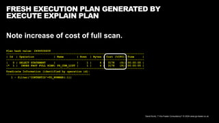 David Kurtz, /*+Go-Faster Consultancy*/ © 2024 www.go-faster.co.uk
FRESH EXECUTION PLAN GENERATED BY
EXECUTE EXPLAIN PLAN
Note increase of cost of full scan.
Plan hash value: 2494504609
------------------------------------------------------------------------------------
| Id | Operation | Name | Rows | Bytes | Cost (%CPU)| Time |
------------------------------------------------------------------------------------
| 0 | SELECT STATEMENT | | 1 | 6 | 3178 (9)| 00:00:05 |
|* 1 | INDEX FAST FULL SCAN| PS_CDM_LIST | 1 | 6 | 3178 (9)| 00:00:05 |
------------------------------------------------------------------------------------
Predicate Information (identified by operation id):
---------------------------------------------------
1 - filter("CONTENTID"=TO_NUMBER(:1))
 