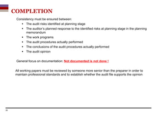 COMPLETION
20
Consistency must be ensured between:
 The audit risks identified at planning stage
 The auditor’s planned response to the identified risks at planning stage in the planning
memorandum
 The work programs
 The audit procedures actually performed
 The conclusions of the audit procedures actually performed
 The audit opinion
General focus on documentation: Not documented is not done !
All working papers must be reviewed by someone more senior than the preparer in order to
maintain professional standards and to establish whether the audit file supports the opinion
 