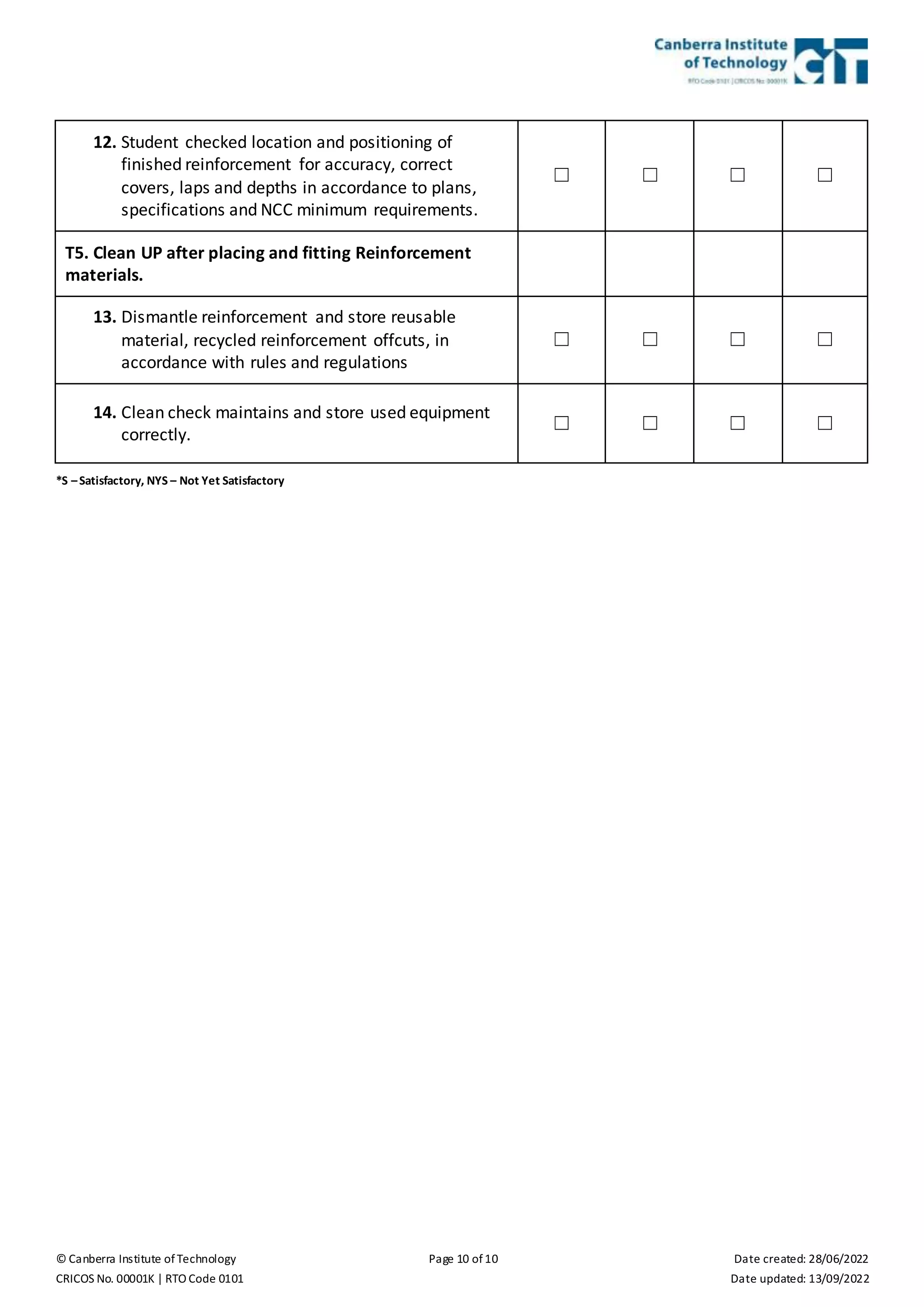 © Canberra Institute of Technology Page 10 of 10 Date created: 28/06/2022
CRICOS No. 00001K | RTO Code 0101 Date updated: 13/09/2022
12. Student checked location and positioning of
finished reinforcement for accuracy, correct
covers, laps and depths in accordance to plans,
specifications and NCC minimum requirements.
☐ ☐ ☐ ☐
T5. Clean UP after placing and fitting Reinforcement
materials.
13. Dismantle reinforcement and store reusable
material, recycled reinforcement offcuts, in
accordance with rules and regulations
☐ ☐ ☐ ☐
14. Clean check maintains and store used equipment
correctly.
☐ ☐ ☐ ☐
*S –Satisfactory, NYS – Not Yet Satisfactory
 