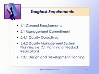 Toughest Requirements


• 4.1 General Requirements
• 5.1 Management Commitment
• 5.4.1 Quality Objectives
• 5.4.2 Quality Management System
  Planning (vs. 7.1 Planning of Product
  Realization)
• 7.3.1 Design and Development Planning


              Auditor Training rev 0 022009   25
 
