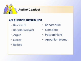 Auditor Conduct


AN AUDITOR SHOULD NOT
• Be critical           • Be sarcastic
• Be side-tracked       • Compare
• Argue                 • Pass opinions
• Swear                 • Apportion blame
• Be late
 