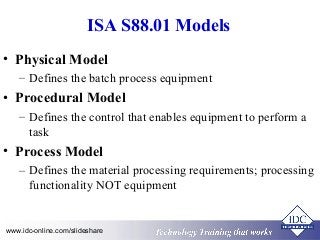 ISA S88.01 Models 
• Physical Model 
– Defines the batch process equipment 
• Procedural Model 
– Defines the control that enables equipment to perform a 
task 
• Process Model 
– Defines the material processing requirements; processing 
functionality NOT equipment 
Technology www.idc-online.com/slideshare Technology T Trraainininingg T thhaatt WWoorrkkss 
 