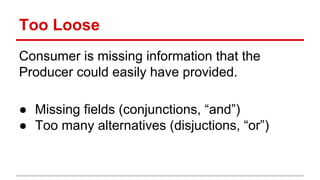 Too	
  Loose	
  
Consumer	
  is	
  missing	
  informa)on	
  that	
  the	
  
Producer	
  could	
  easily	
  have	
  provided.	
  
	
  
●  Missing	
  ﬁelds	
  (conjunc)ons,	
  “and”)	
  
●  Too	
  many	
  alterna)ves	
  (disjuc)ons,	
  “or”)	
  
	
  
	
  
 