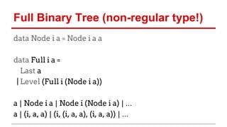 Full	
  Binary	
  Tree	
  (non-­‐regular	
  type!)	
  
data Node i a = Node i a a
data Full i a =
Last a
| Level (Full i (Node i a))
	
  
a	
  |	
  Node i a	
  |	
  Node i (Node i a)	
  |	
  ...	
  
a	
  |	
  (i, a, a)	
  |	
  (i, (i, a, a), (i, a, a))	
  |	
  ...	
  
 
