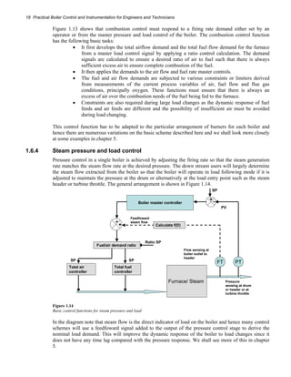 18 Practical Boiler Control and Instrumentation for Engineers and Technicians 
Figure 1.13 shows that combustion control must respond to a firing rate demand either set by an 
operator or from the master pressure and load control of the boiler. The combustion control function 
has the following basic tasks: 
• It first develops the total airflow demand and the total fuel flow demand for the furnace 
from a master load control signal by applying a ratio control calculation. The demand 
signals are calculated to ensure a desired ratio of air to fuel such that there is always 
sufficient excess air to ensure complete combustion of the fuel. 
• It then applies the demands to the air flow and fuel rate master controls. 
• The fuel and air flow demands are subjected to various constraints or limiters derived 
from measurements of the current process variables of air, fuel flow and flue gas 
conditions, principally oxygen. These functions must ensure that there is always an 
excess of air over the combustion needs of the fuel being fed to the furnace. 
• Constraints are also required during large load changes as the dynamic response of fuel 
feeds and air feeds are different and the possibility of insufficient air must be avoided 
during load changing. 
This control function has to be adapted to the particular arrangement of burners for each boiler and 
hence there are numerous variations on the basic scheme described here and we shall look more closely 
at some examples in chapter 5. 
1.6.4 Steam pressure and load control 
Pressure control in a single boiler is achieved by adjusting the firing rate so that the steam generation 
rate matches the steam flow rate at the desired pressure. The down stream users will largely determine 
the steam flow extracted from the boiler so that the boiler will operate in load following mode if it is 
adjusted to maintain the pressure at the drum or alternatively at the load entry point such as the steam 
header or turbine throttle. The general arrangement is shown in Figure 1.14. 
Total air 
controller 
Boiler master controller 
Fuel/air demand ratio 
Total fuel 
controller 
Ratio SP 
SP SP 
FT PT 
Furnace/ Steam Pressure 
sensing at drum 
or header or at 
turbine throttle 
Flow sensing at 
boiler outlet to 
header 
PV 
SP 
+- 
++ 
Feedfoward 
steam flow 
Calculate f(D) 
Figure 1.14 
Basic control functions for steam pressure and load 
In the diagram note that steam flow is the direct indicator of load on the boiler and hence many control 
schemes will use a feedfoward signal added to the output of the pressure control stage to derive the 
nominal load demand. This will improve the dynamic response of the boiler to load changes since it 
does not have any time lag compared with the pressure response. We shall see more of this in chapter 
5. 
 