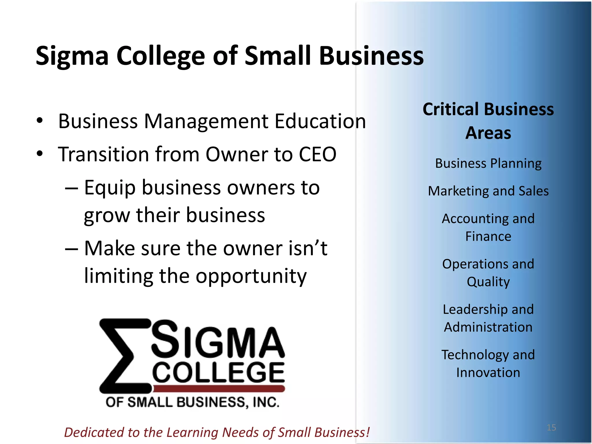 Sponsored by:

Sigma College of Small Business
                                                       Critical Business 
• Business Management Education                              Areas
• Transition from Owner to CEO                          Business Planning
   – Equip business owners to                          Marketing and Sales
     grow their business                                 Accounting and 
                                                            Finance
   – Make sure the owner isn’t 
                                                         Operations and 
     limiting the opportunity                               Quality
                                                         Leadership and 
                                                         Administration
                                                         Technology and 
                                                           Innovation


                                                                            15
  Dedicated to the Learning Needs of Small Business!
 
