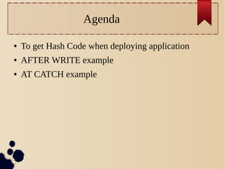Agenda
●

To get Hash Code when deploying application

●

AFTER WRITE example

●

AT CATCH example

 