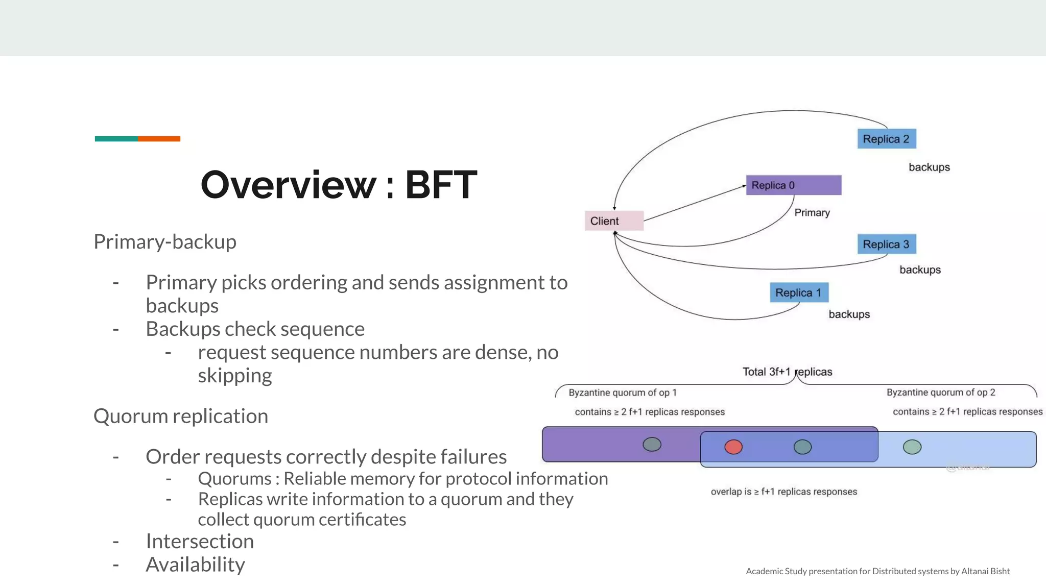 Overview : BFT
Primary-backup
- Primary picks ordering and sends assignment to
backups
- Backups check sequence
- request sequence numbers are dense, no
skipping
Quorum replication
- Order requests correctly despite failures
- Quorums : Reliable memory for protocol information
- Replicas write information to a quorum and they
collect quorum certiﬁcates
- Intersection
- Availability Academic Study presentation for Distributed systems by Altanai Bisht
 
