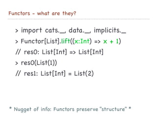 Functors - what are they?
> import cats._, data._, implicits._

> Functor[List].lift((x:Int) => x + 1)

// res0: List[Int] => List[Int]

> res0(List(1))

// res1: List[Int] = List(2)
* Nugget of info: Functors preserve “structure” *
 