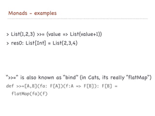 Monads - examples
> List(1,2,3) >>= (value => List(value+1))

> res0: List[Int] = List(2,3,4)
def >>=[A,B](fa: F[A])(f:A => F[B]): F[B] =
flatMap(fa)(f)
“>>=“ is also known as “bind” (in Cats, its really “flatMap”)
 